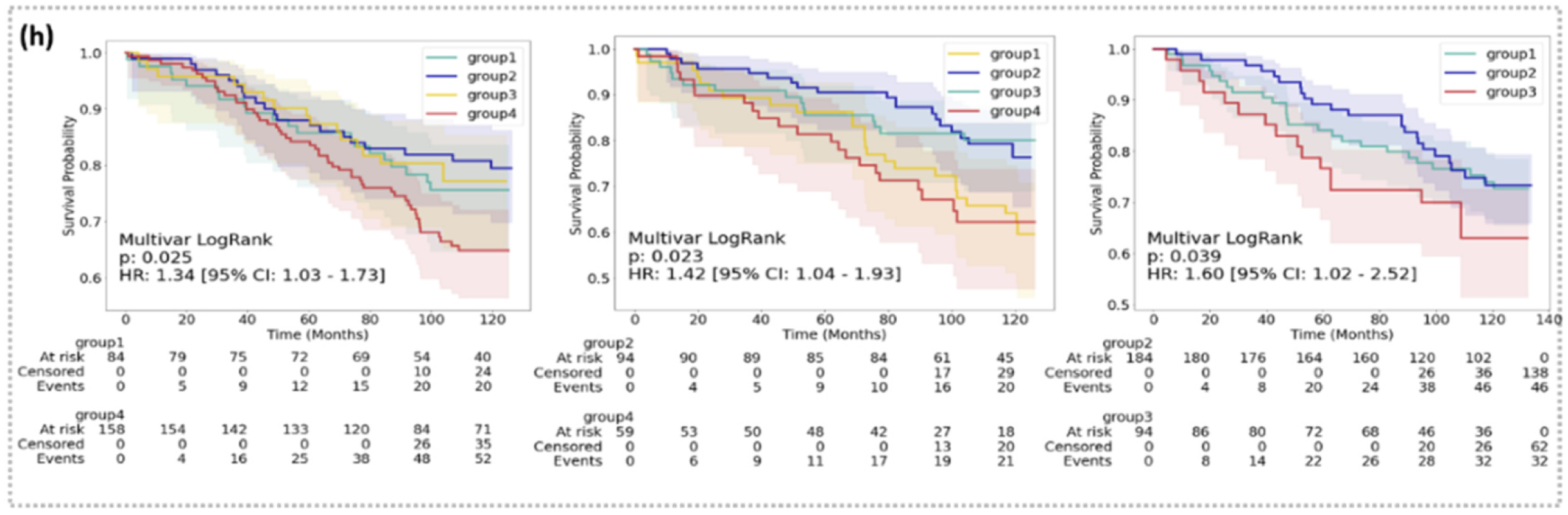 Multivariate log-rank Kaplan-Meier curves across leukemia, myeloma, and lymphoma clusters