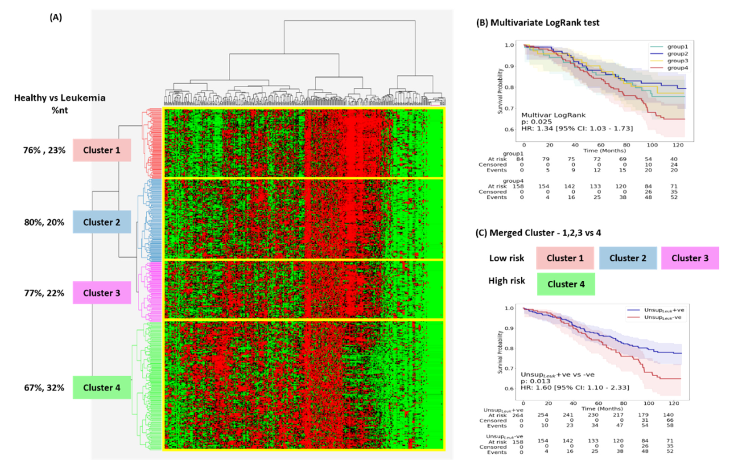 Leukemia unsupervised clustering heatmap and Kaplan-Meier curves